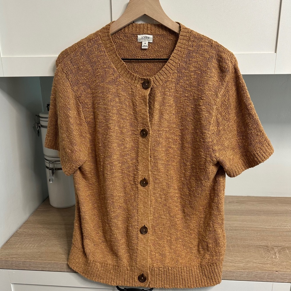 J.Crew Short Sleeve Slub Cardigan Sweater Womens M Earthy Boucle Knit Minimalist